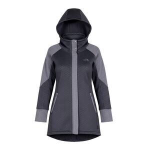 The North Face ReCover Fleece Jacket Longline Womens M Black Grey Hooded Quilted